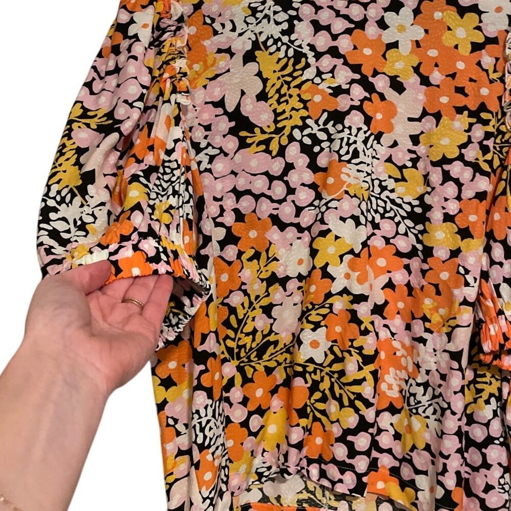 Ted Baker Floral Boxy Shirt Puff Sleeve Blouse Prairie High Neck– Size 5 Large - Picture 5 of 7